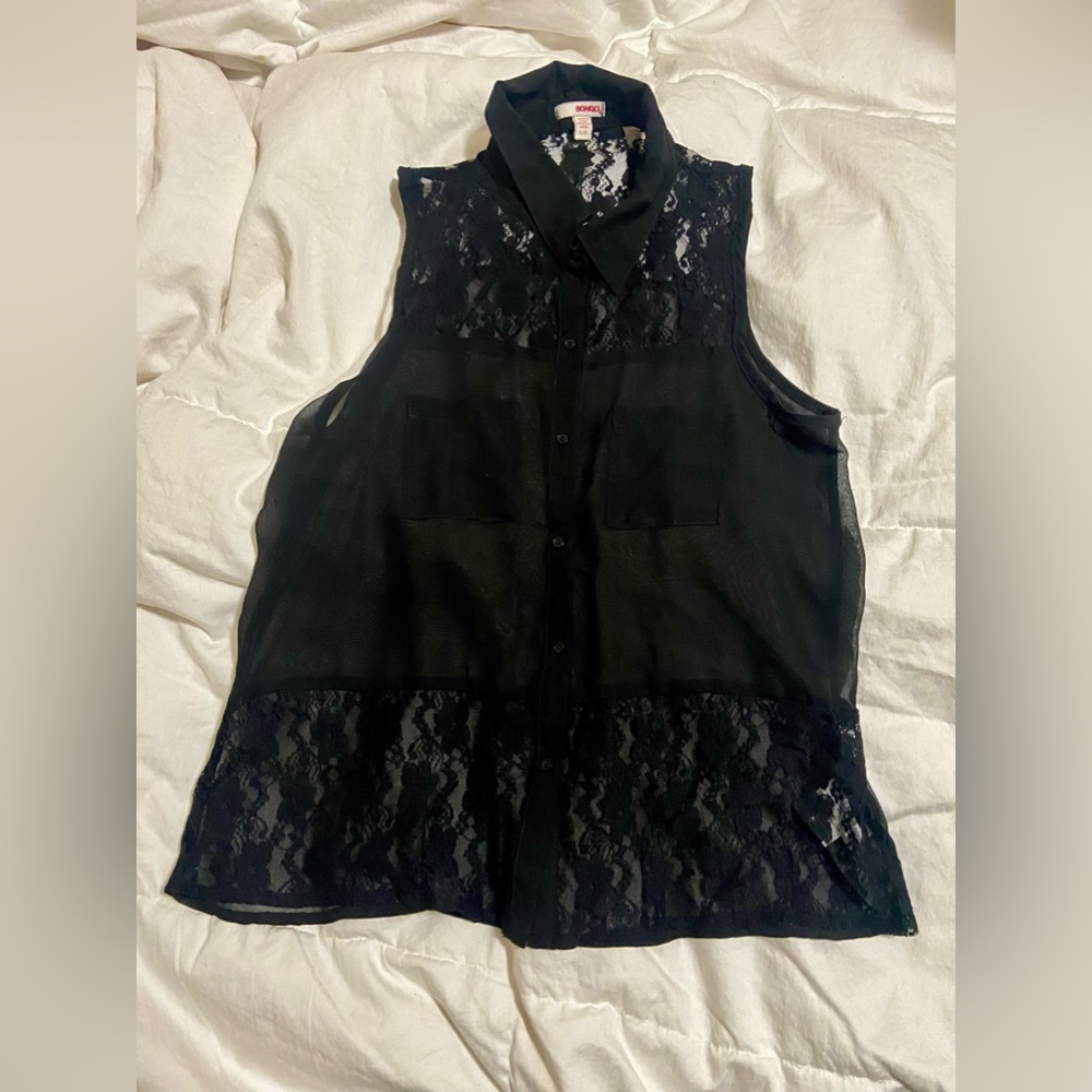 Bongo Lace Sheer Collared Buttoned-Down Sleeveles… - image 1